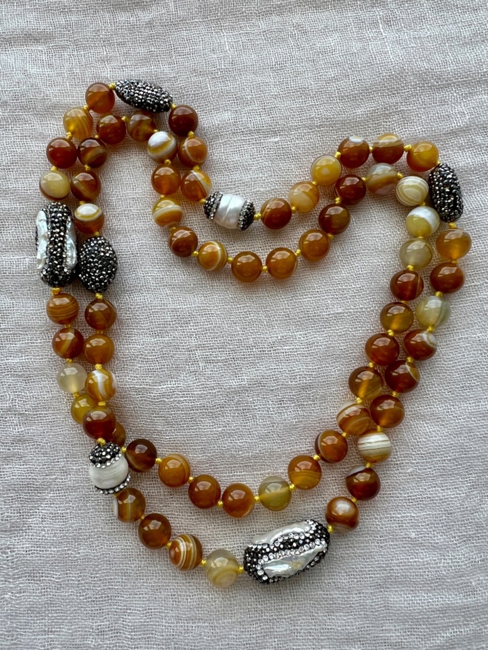 32" Butterscotch Banded Agate Baroque Pearl Pavé Crystal Hand Knotted Necklace